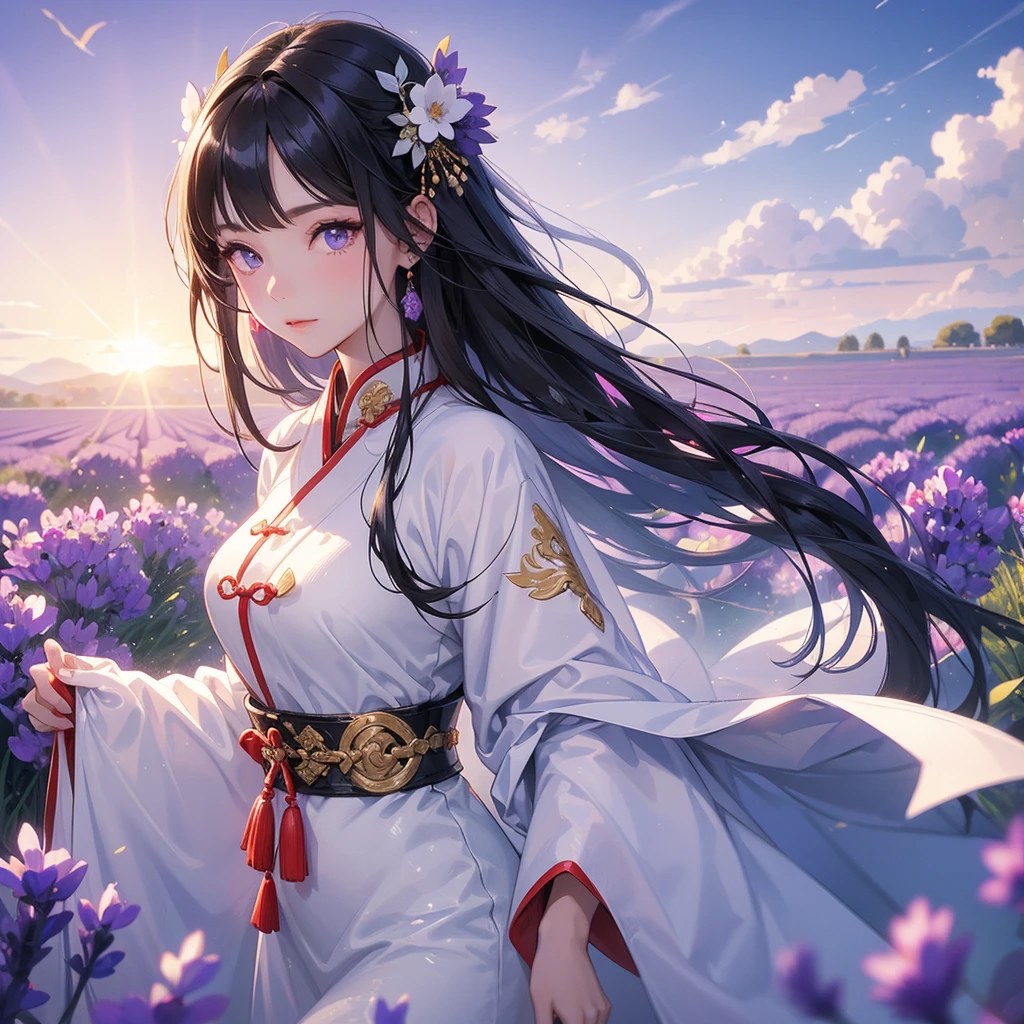 A beautiful girl with black long hair, wear white ancient chinese clothes, Stroll among the purple lavender fields , There are some floating clouds,, with the sun shining on her face, close up.