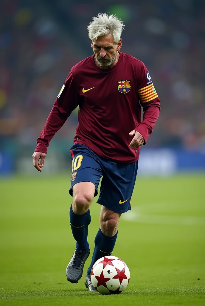 A captivating and impressive photograph of Leonel Messi but at 80 years of age. He has gray hair, wrinkles on his skin, he is on a soccer field, walking while kicking a soccer ball.