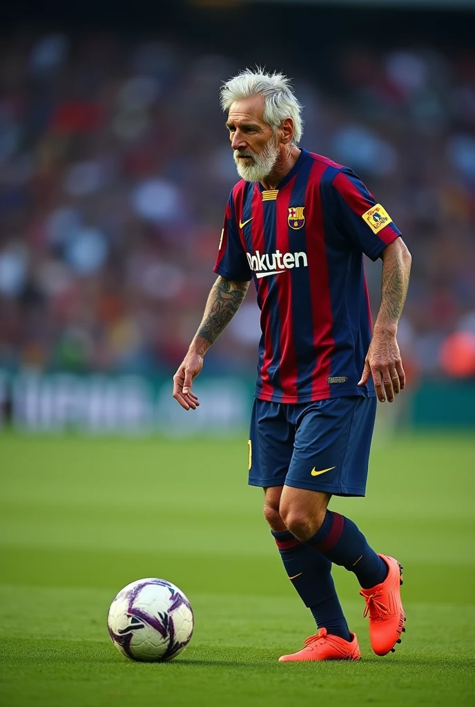 A captivating and impressive photograph of Leonel Messi but at 80 years of age. He has gray hair, wrinkles on his skin, he is on a soccer field, walking while kicking a soccer ball.
