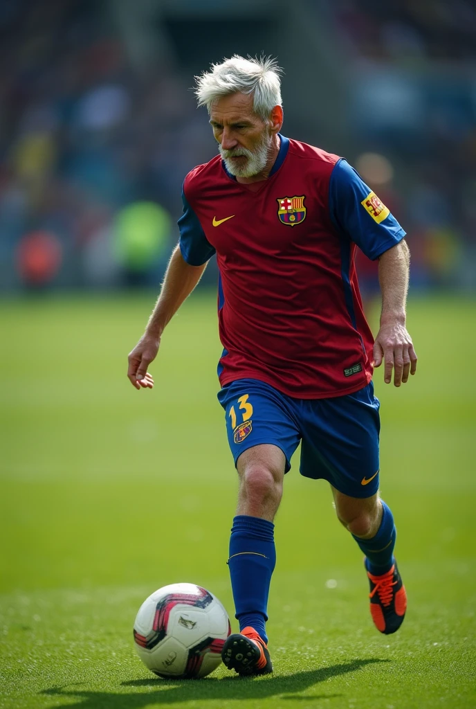 A captivating and impressive photograph of Leonel Messi but at 80 years of age. He has gray hair, wrinkles on his skin, he is on a soccer field, walking while kicking a soccer ball.