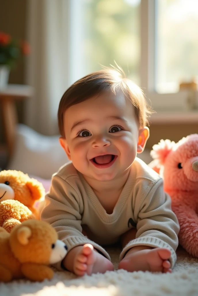 Create UHD photorealistic photo of a joyful 18-month-old French boy with a big smile, surrounded by plush toys in a sunny room. Use a 50mm lens, natural lighting, soft shadows. No animation, no 3D image, no extra fingers.