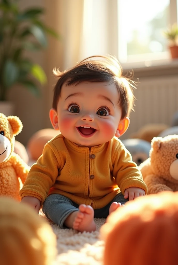 Create UHD photorealistic photo of a joyful 18-month-old French boy with a big smile, surrounded by plush toys in a sunny room. Use a 50mm lens, natural lighting, soft shadows. No animation, no 3D image, no extra fingers.
