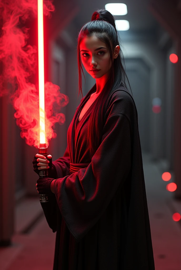 Beautiful, Mexican, female, young woman, long black hair tied into a tight ponytail, bright red eyes, wearing black Jedi robes, arms wrapped in red bandages, wearing black fingerless leather gloves, legs completely wrapped in red bandages, wearing black leather boots, red smoke emanating from body, holding a lightsaber in one hand, standing in a hallway of a futuristic spaceship, very dark lit, viewed from the front