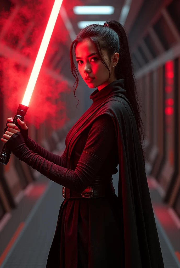 Beautiful, Mexican, female, young woman, long black hair tied into a tight ponytail, bright red eyes, wearing black Jedi robes, arms wrapped in red bandages, wearing black fingerless leather gloves, legs completely wrapped in red bandages, wearing black leather boots, red smoke emanating from body, holding a lightsaber in one hand, standing in a hallway of a futuristic spaceship, very dark lit, viewed from the front