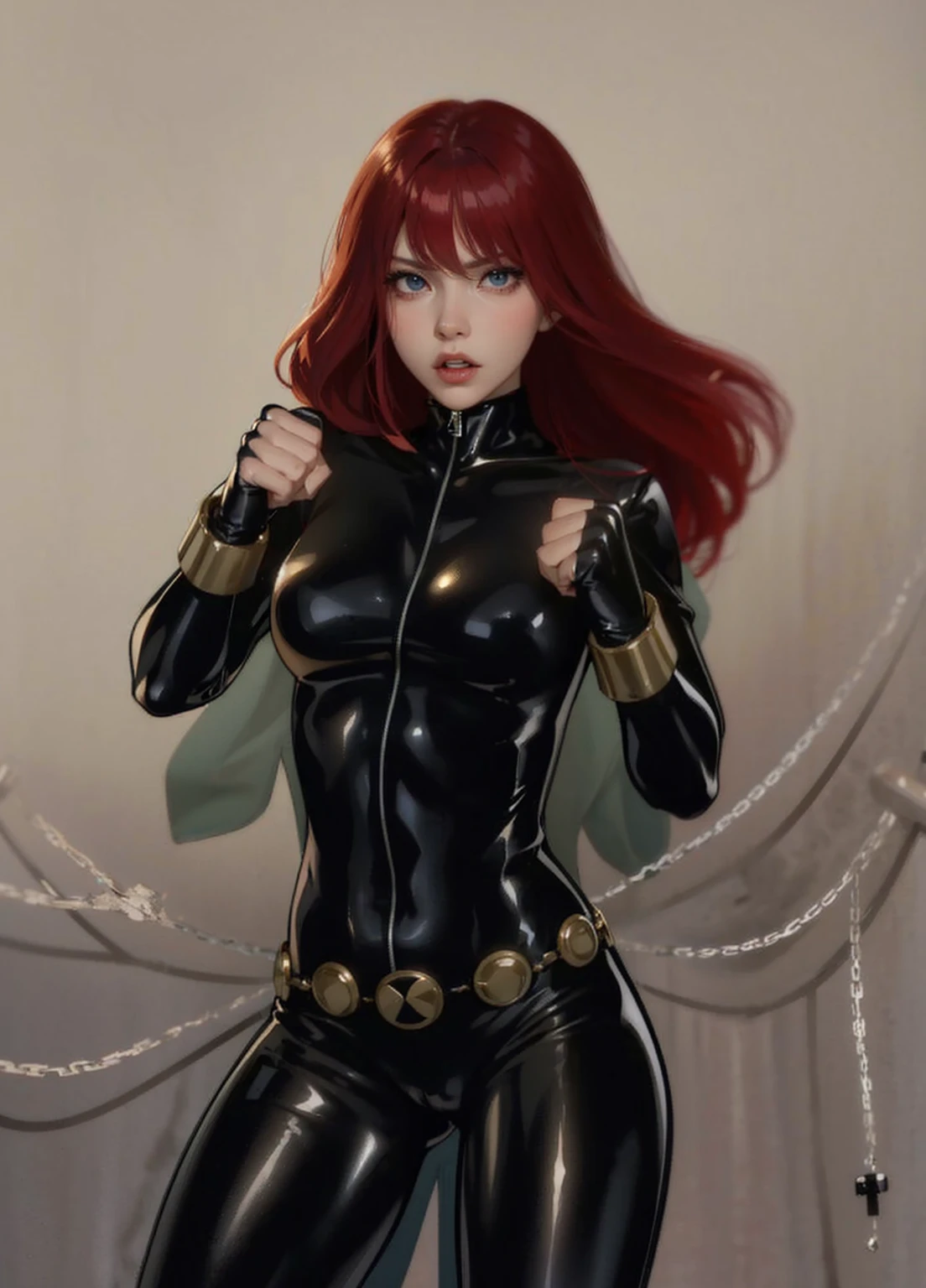 The image is a drawing of a girl with red hair dressed in a sleek skin-tight shiny black latex bodysuit with a silver zipper running down the front. The suit is complemented by her golden wrist guard on both wrists and a belt made of shiny golden circles. She has blue eyes. She stands with a strong posture, hands clenched into fists at her sides, and eyes cast with a determined or fierce gaze. In the background, there are white chains that curve upwards. Her overall stance and the background chains convey a powerful presence and a sense of energy, readiness for action, and possibly a dangerous situation.