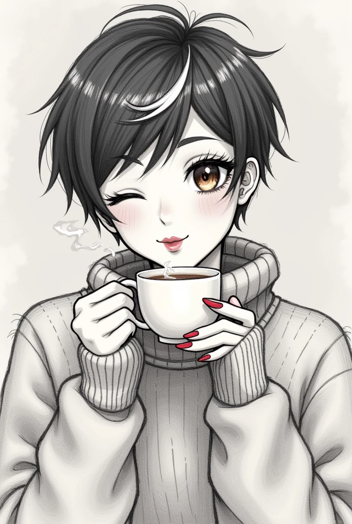 a pencil sketch of a woman, short pixie dark hair with bangs, & white highlights, she's winking, other eye brown, long lush lashes, she's got a coffee mug in one hand with steam rising from it, she's blowing on her hot coffee with ultra-bright red lips, wearing a big turtle-necked sweater, ultra-bright red fingernails, other hand up by her face, grey muted bg