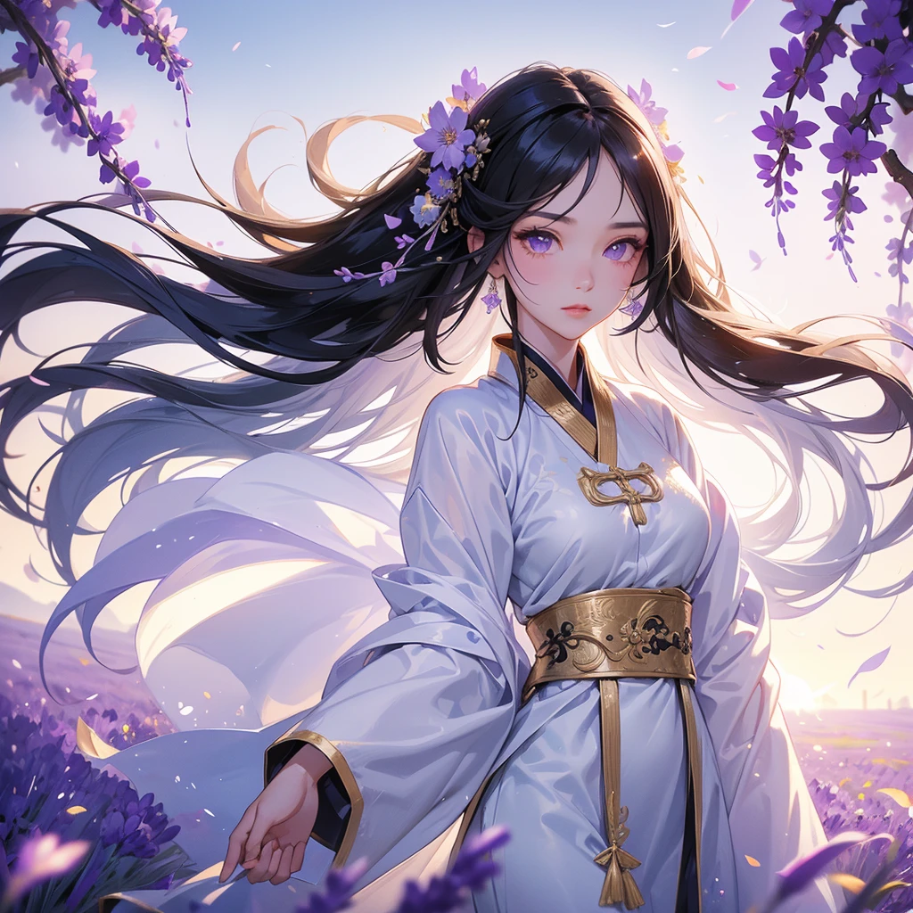 A beautiful girl with black long hair, wear white ancient chinese clothes, Stroll among the purple lavender fields , There are some floating clouds,, with the sun shining on her face, close up.