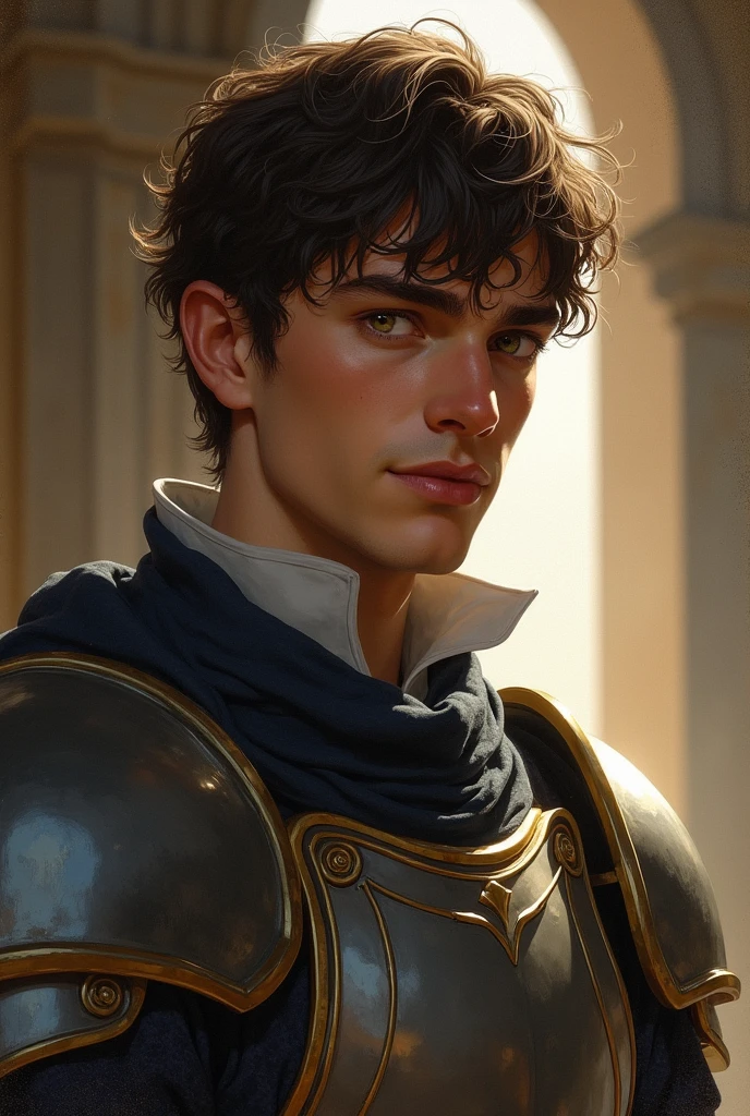  has short, tousled dark brown hair and warm, hazel eyes that convey both his inner turmoil and deep affection for those he cares about. He has a strong, athletic build, a result of his training as an honorable knight. His attire is practical yet refined, often consisting of well-fitted armor or simple, elegant clothing that reflects his noble heritage.(Realistic style)