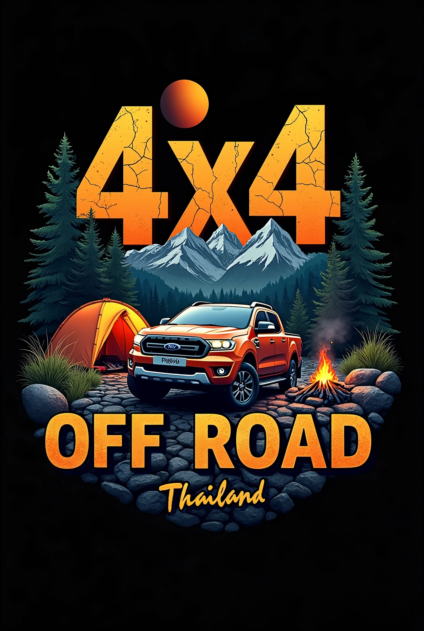 Design for sticker a highly realistic abstract 3D rendered logo illustration in dark tones for(Ford ranger 2002) featuring an off-road 4x4 theme. The main elements include large, cracked-stone-style orange text with the words '4x4' and 'OFF-ROAD,' along with 'THAILAND' and 'Camping.' Incorporate the Thai flag into the design. The vehicle should be depicted navigating a rocky road, with elements like a campfire, a tent, and a large mountain in the background. Surround the scene with trees, grass, and a large orange sun setting behind the mountains. All these elements should be set against a black background for a striking contrast.