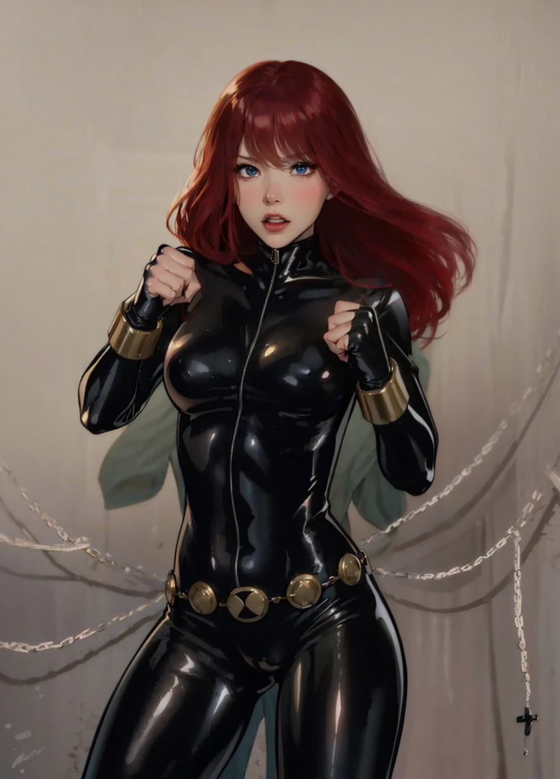 The image is a drawing of a girl with red hair dressed in a sleek skin-tight shiny black latex bodysuit with a silver zipper running down the front. The suit is complemented by her golden wrist guard on both wrists and a belt made of shiny golden circles. She has blue eyes. She stands with a strong posture, hands clenched into fists at her sides, and eyes cast with a determined or fierce gaze. In the background, there are white chains that curve upwards. Her overall stance and the background chains convey a powerful presence and a sense of energy, readiness for action, and possibly a dangerous situation.