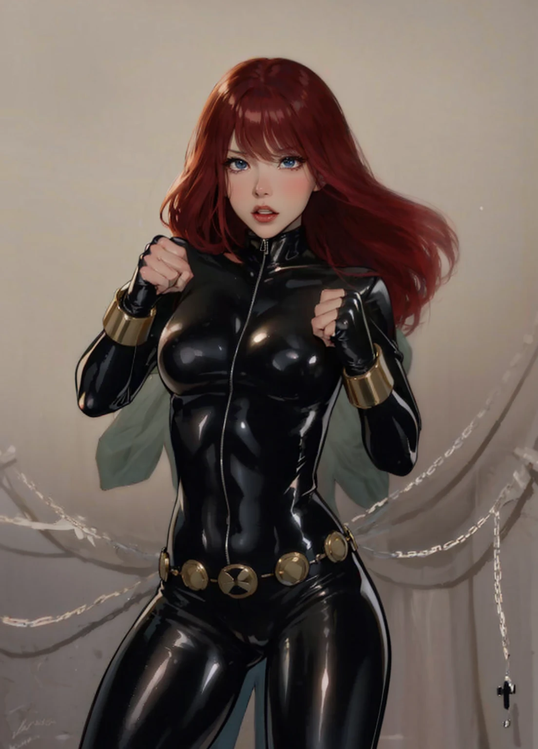 The image is a drawing of a girl with red hair dressed in a sleek skin-tight shiny black latex bodysuit with a silver zipper running down the front. The suit is complemented by her golden wrist guard on both wrists and a belt made of shiny golden circles. She has blue eyes. She stands with a strong posture, hands clenched into fists at her sides, and eyes cast with a determined or fierce gaze. In the background, there are white chains that curve upwards. Her overall stance and the background chains convey a powerful presence and a sense of energy, readiness for action, and possibly a dangerous situation.