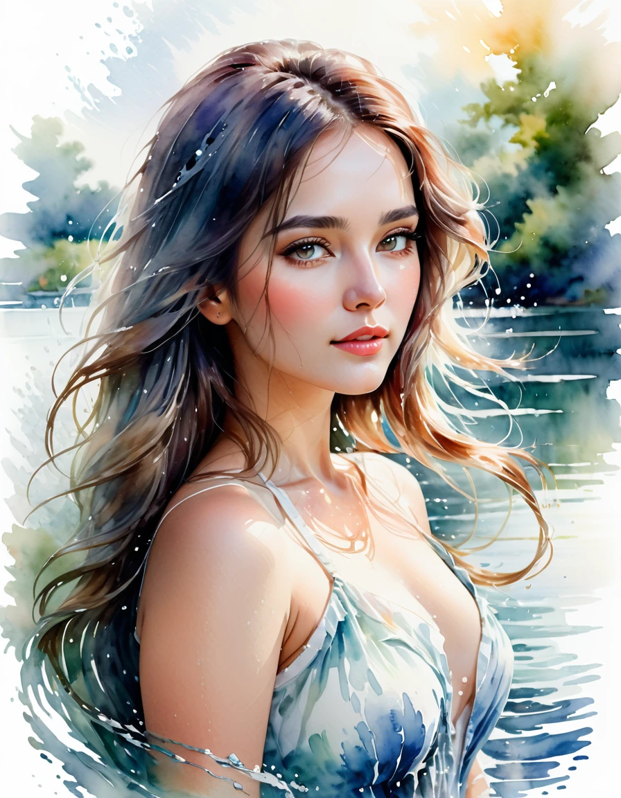 Attractive woman in watercolor, long hair, three quarter view, dreamy look, bust shot, white strokes, water effect, masterpiece