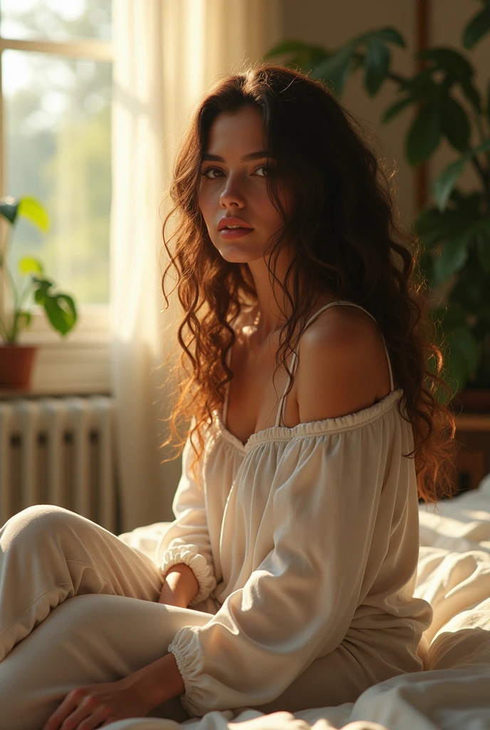 (photorealism:1.2), beautiful woman, sitting on bed, wearing loose off-shoulder top, pajama pants, long curly hair, indoors, soft lighting, plants in background, window with sunlight, cozy room, relaxed pose, realistic, intricate details, warm colors, by Greg Rutkowski, by Alphonse Mucha
