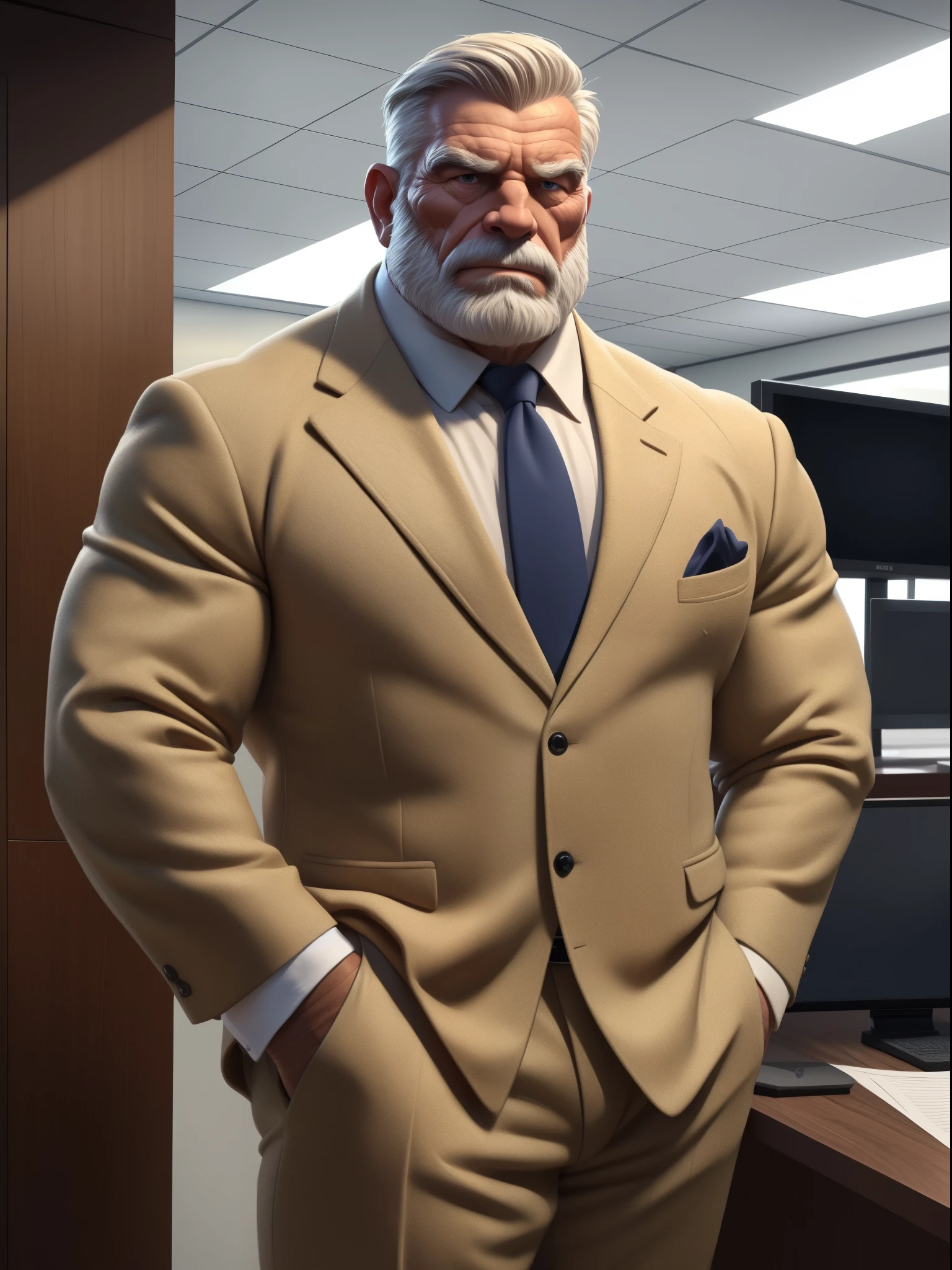 a muscular old man with a beard, no mustache, wearing a suit, necktie, standing in office, (best quality,4k,8k,highres,masterpiece:1.2),ultra-detailed,,detailed wrinkles,detailed facial features,detailed texture, half body, halfbody