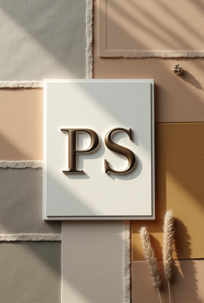 Minimalist PS clothing logo in relief on a fabric patchwork background