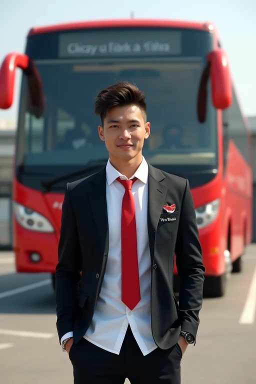 a handsome 2 man from Indonesia, short spiked hair, wearing a white shirt, red tie and covered with a black jacket, with the words "Tyo Lumanto" on the left side of his chest, standing in the parking lot, and there is a big red bus nice and cool behind it facing forward, smile expression, realistic, super HD, detailed.