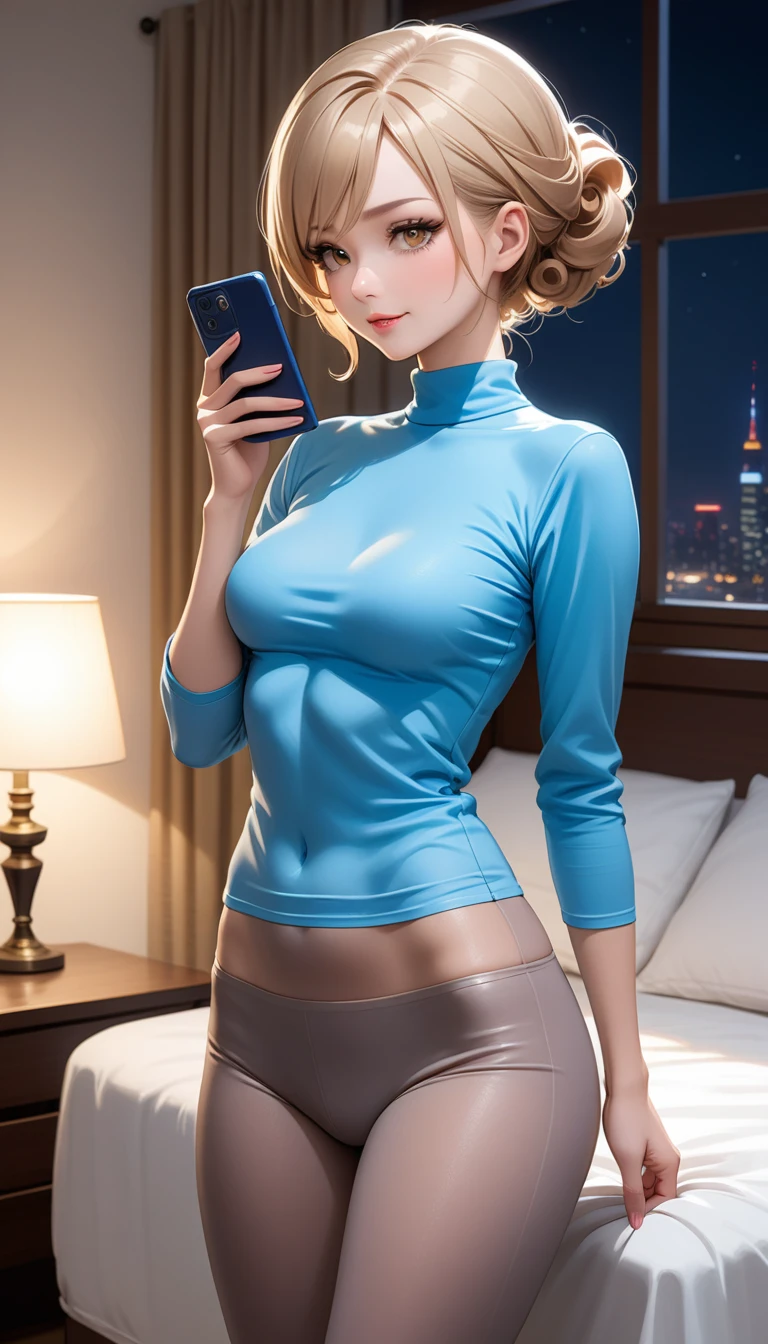 Beautiful 47y old woman with short undercut curly dark blonde hair, tied up hair, with brown eyes wearing ((Tight Grey Leggings), ((Sexy Mock Neck Mid Sleeves Light Blue Shirt)), standing in her bedroom at night, holding her cellphone, (light-tanned skin), (light brown lipstick), (elegant mascara), (slim body), (small breasts), (wide hips), midjourney, <lora:GoodHands-, <lora:GoodLegs-, UHD, high resolution, (expressive eyes, perfect face, full body, expressive face, perfect body, perfect pussy, athletic, fit, slim body, blushing, Perfect makeup, eyeliner, beautiful eyelashes, smiling, horny face), ((best illumination, best shadows)), ((sexy pose)), score_9_up, score_8_up, score_7_up