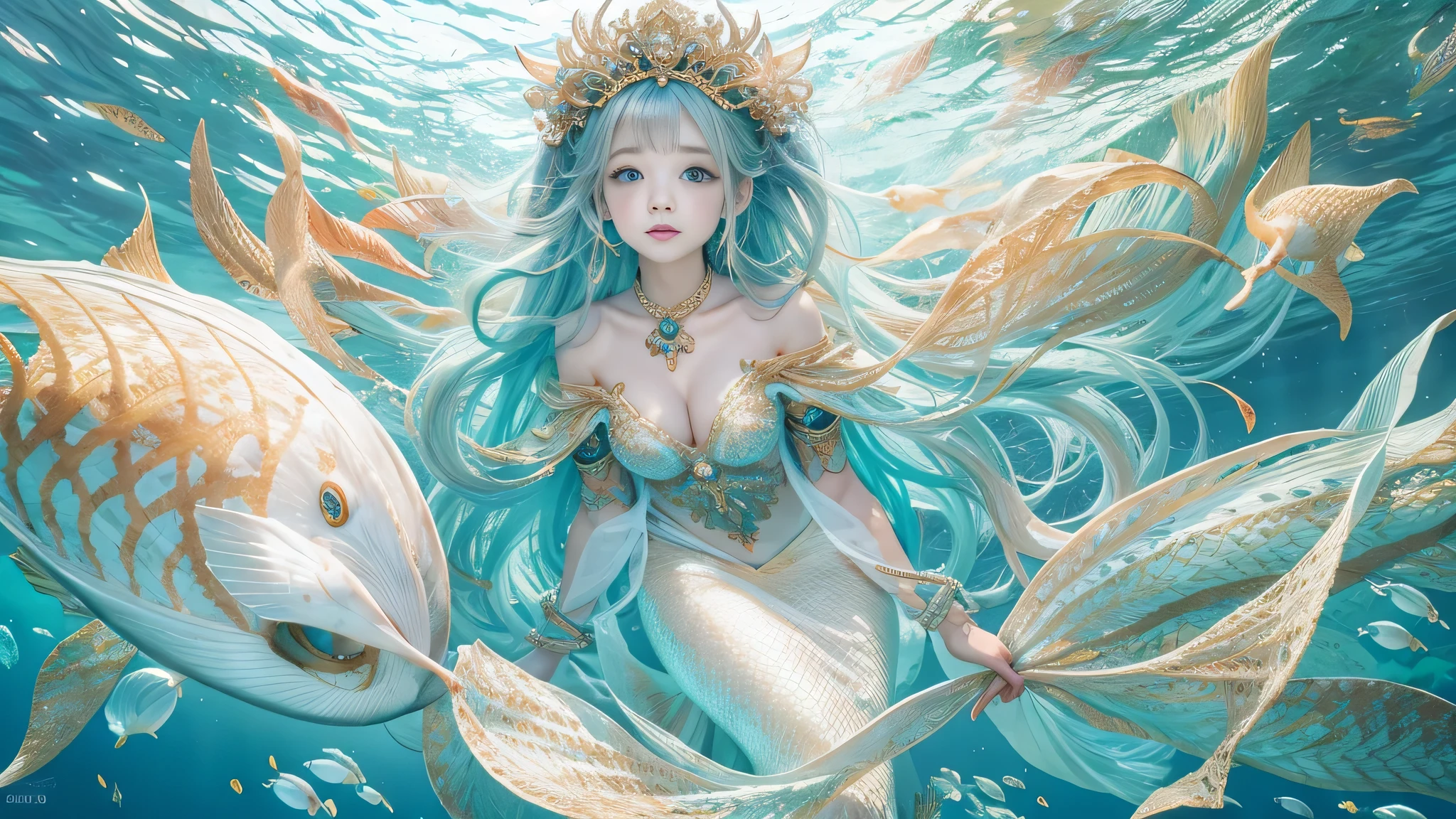 8k、Underwater Mermaid Girl - Ocean、Beautiful mermaid girl、14 years、A little childish、drooping eyes、Hmph、siren、Whole Body Ezbian