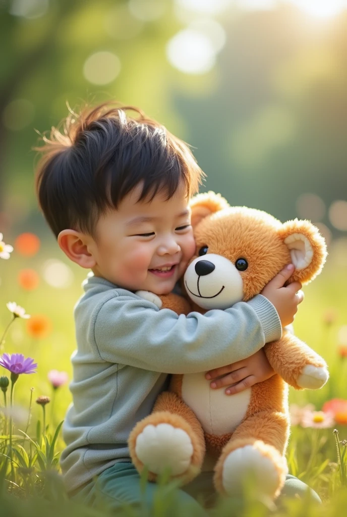 Create UHD photorealistic photo of a loving 36-month-old Asian boy sharing a hug with a stuffed animal in a bright park. Use a 35mm lens, capturing natural light and soft focus. No animation, no 3D image, no extra fingers.