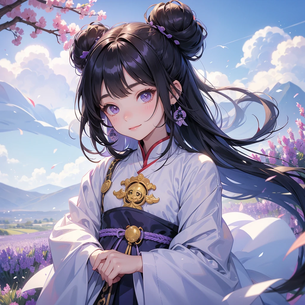 A chibi child girl had a small face and Wearing white little Taoist priest's outfit. A pair of big round eyes shone with curiosity about him. This child was so cute! ,her hair is black with two buns on her hair.small chibi, chibi baby, smiling,The little chibi baby looked up with his chest raised, and his face was old and proud.

Stroll among the purple lavender fields , There are some floating clouds.


