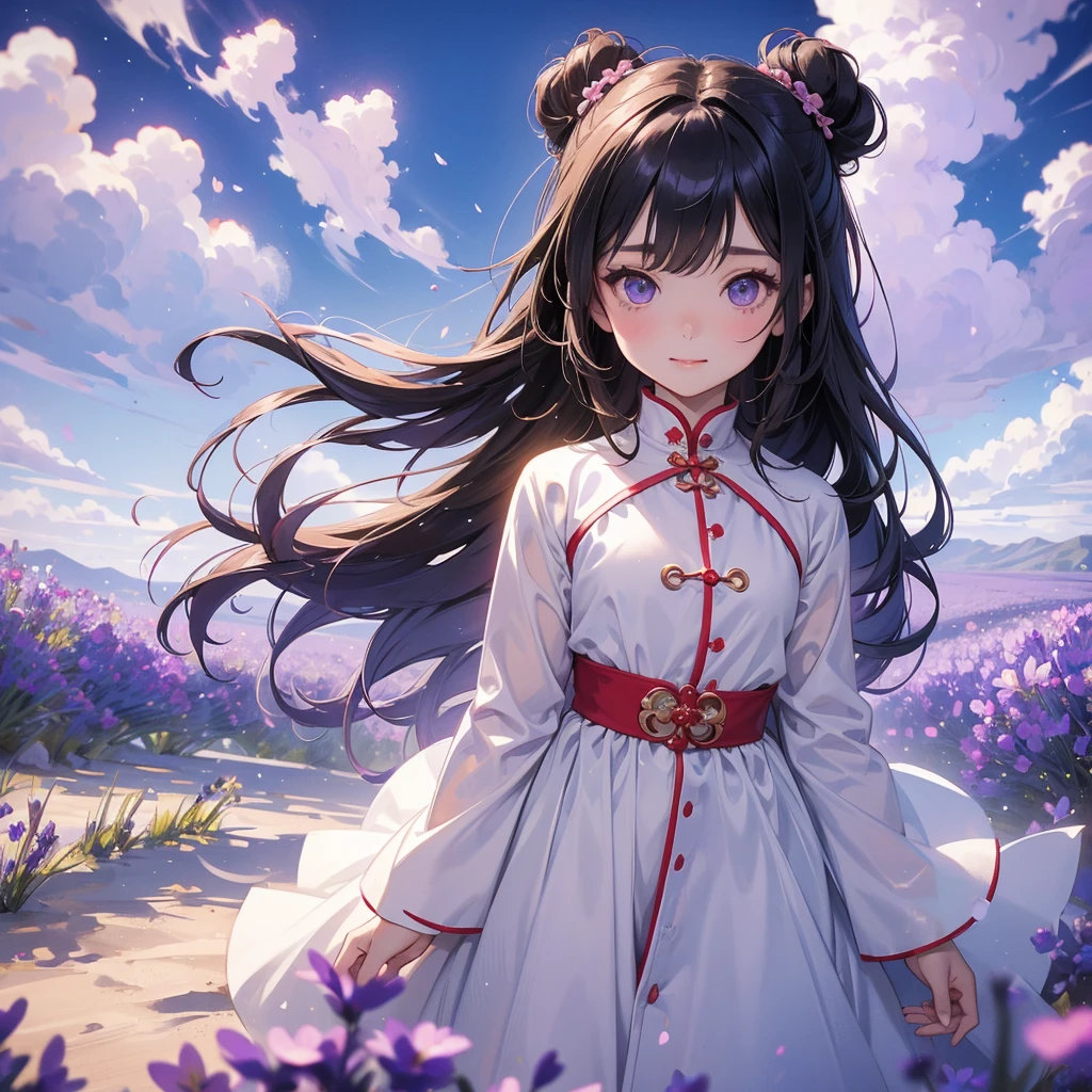 A chibi child girl had a small face and Wearing white little Taoist priest's outfit. A pair of big round eyes shone with curiosity about him. This child was so cute! ,her hair is black with two buns on her hair.small chibi, chibi baby, smiling,The little chibi baby looked up with his chest raised, and his face was old and proud.
Stroll among the purple lavender fields , There are some floating clouds.
