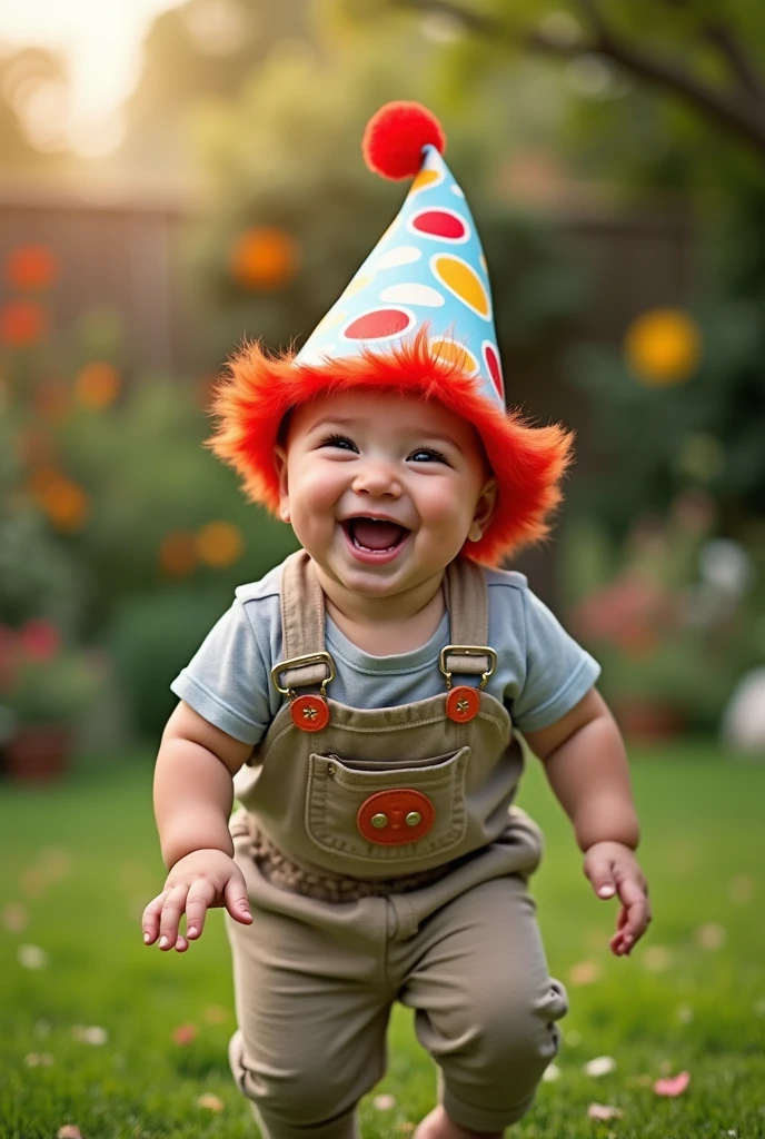 Create UHD photorealistic photo of a funny -mold Fre boy wearing a clown hat, laughing in a backyard. Use a 24mm lens, capturing dynamic angles and cheerful lighting. No animation, no 3D image, no extra fingers.
