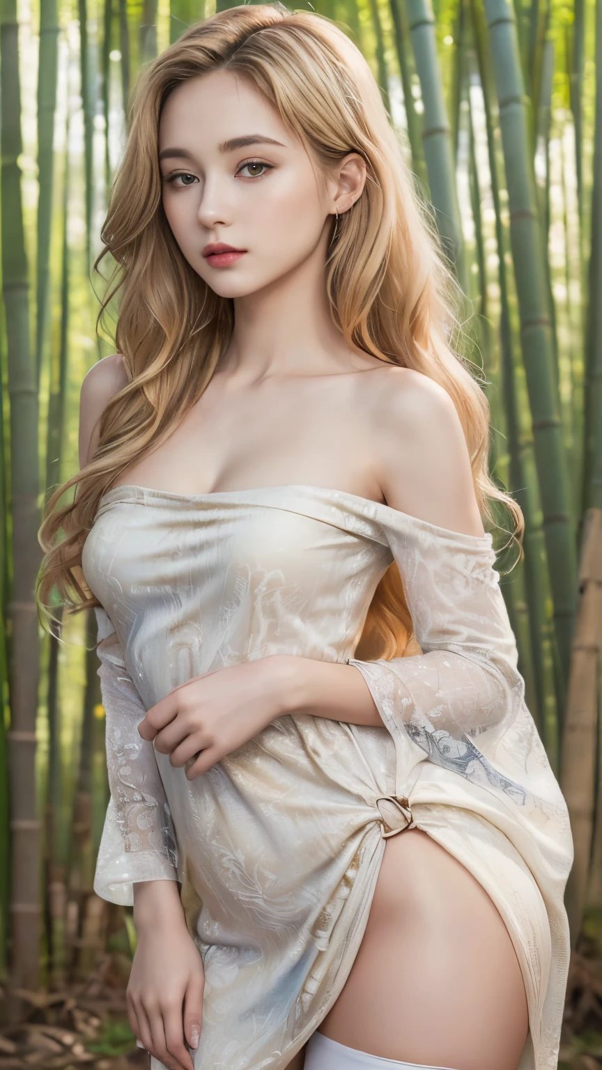 ((best quality, 8 thousand, masterpiece:1.4)), (20 year old woman), ((very small face:1.3)),  Highly detailed face and skin textures, detailed eyes, (Italian woman), (blonde wavy very long hair:1.3), (Open shoulder bare sleeve neck polar dress:1.4), Thin legs, glamorous body, bamboo panda background, thighs, Transparent stockings, very big breasts, 