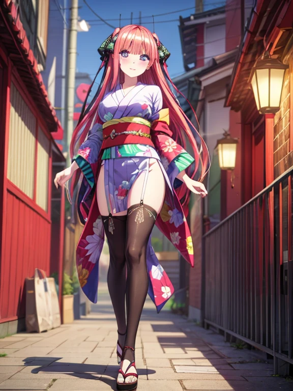 best quality, insanely detailed, nino nakano, breasts, blush, looking at viewer, cheerful eyes, arousal, kimono, highleg kimono, athletic kimono, tight kimono, pussy, full body, roof top background, airwalking