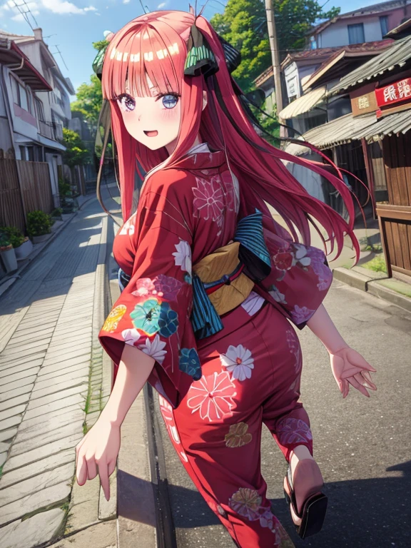 best quality, insanely detailed, nino nakano, breasts, blush, looking at viewer, cheerful eyes, arousal, kimono, highleg kimono, athletic kimono, tight kimono, pussy, full body, roof top background, airwalking