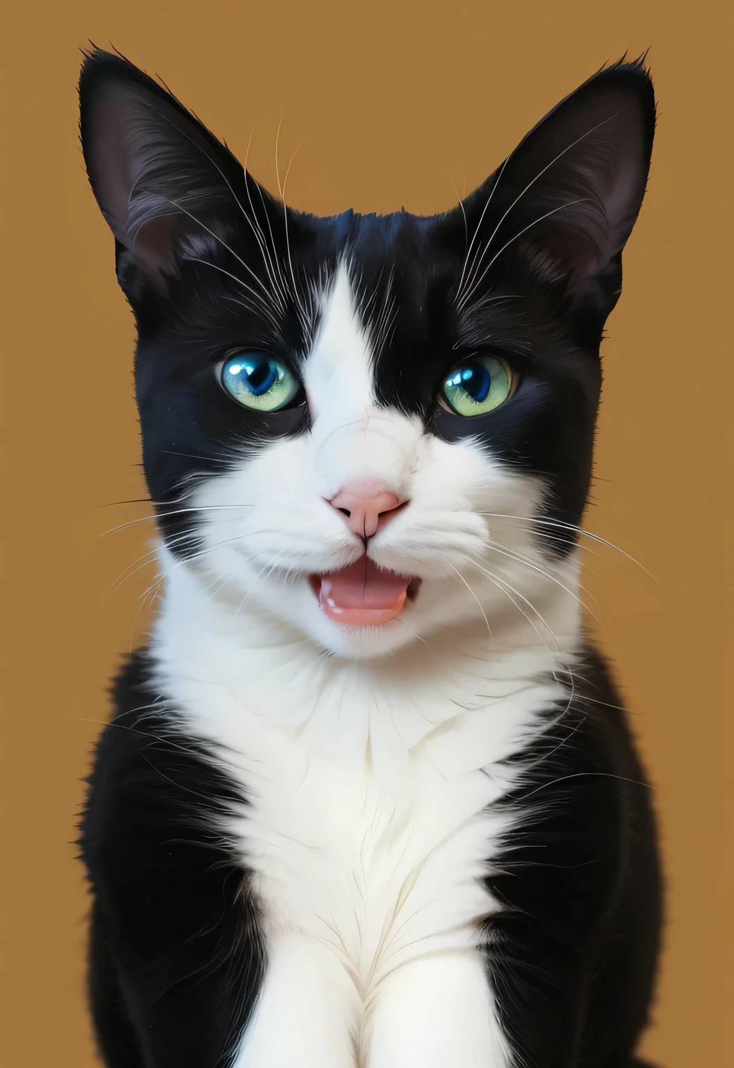 a very cute furry cat, hairs drawn like cartoon, perfectly drawn eyes, eyes like a cartoon drawing, beautiful eyes, perfect eyes, she is very happy, she is smiling, the image is very detailed