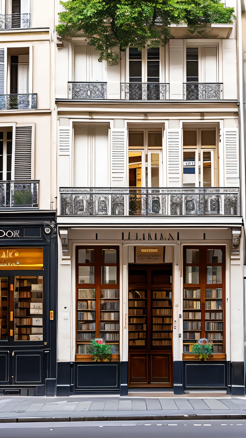 Panoramic image of a tree-lined street in Paris amidst several facades, a Parisian bookstore, white-walled, the door and two large wooden windows, visible shelves, an awning over the door striped in white and red
