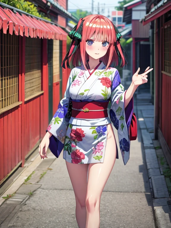 best quality, insanely detailed, nino nakano, breasts, blush, looking at viewer, cheerful eyes, arousal, kimono, highleg kimono, athletic kimono, tight kimono, pussy, full body, roof top background, airwalking