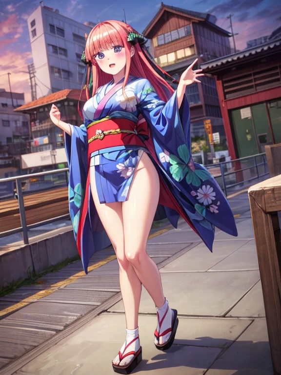 best quality, insanely detailed, nino nakano, breasts, blush, looking at viewer, cheerful eyes, arousal, kimono, highleg kimono, athletic kimono, tight kimono, pussy, full body, roof top background, airwalking