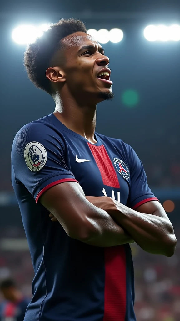 photorealistic, 8k, hyperrealistic, a Kylian Mbappe wear PSG jersey, number 10, celebrating his goal, in stadium, arm crossed pose, highly detailed face, intense expression, full body in frame, dramatic lighting, cinematic composition, chiaroscuro, dramatic shadows, photographic realism