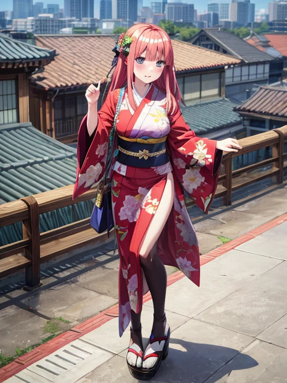 best quality, insanely detailed, nino nakano, breasts, blush, looking at viewer, cheerful eyes, arousal, kimono, highleg kimono, athletic kimono, tight kimono, pussy, full body, roof top background, airwalking