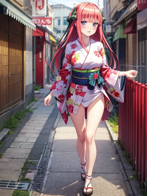 best quality, insanely detailed, nino nakano, breasts, blush, looking at viewer, cheerful eyes, arousal, kimono, highleg kimono, athletic kimono, tight kimono, pussy, full body, roof top background, airwalking