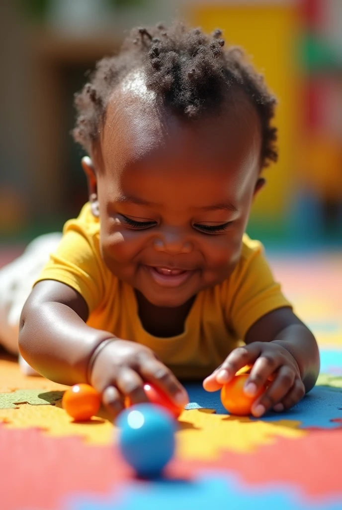 Create UHD photorealistic photo of a giggly 10-month-old African boy playing with toys on a colorful mat. Use a 35mm lens, bright lighting to highlight joy. No animation, no 3D image, no extra fingers.
