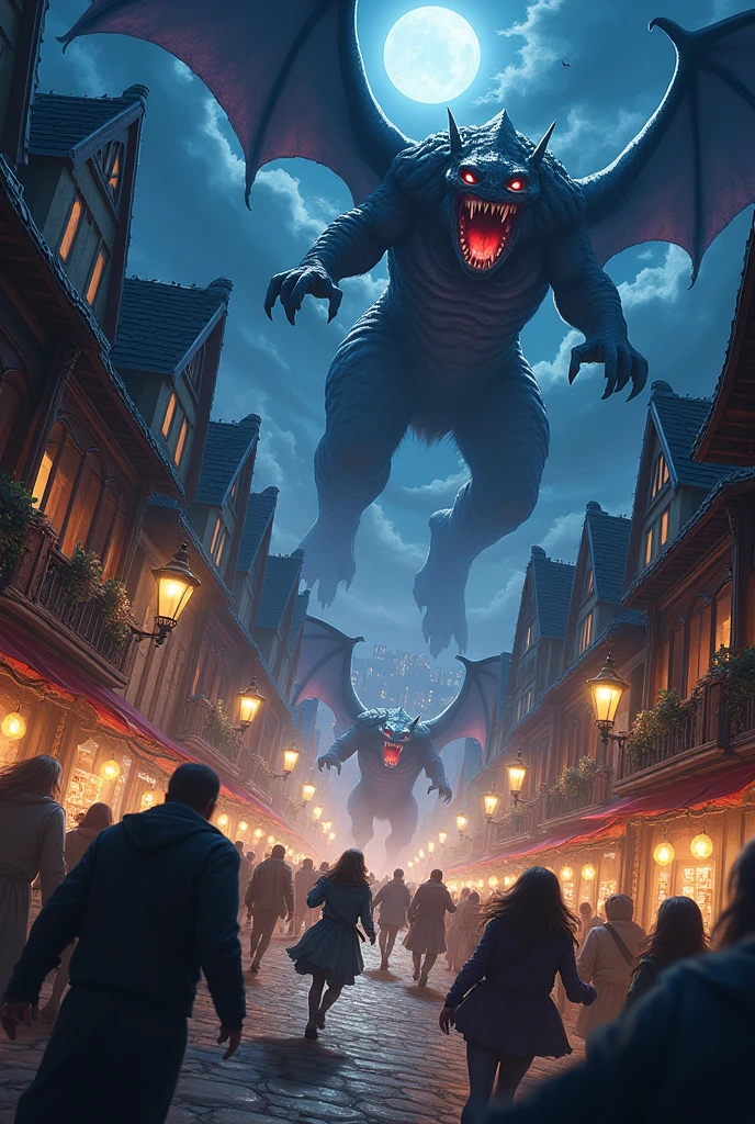 Fantasy anime city in the middle ages on the square attacked by monsters small panic people animation night