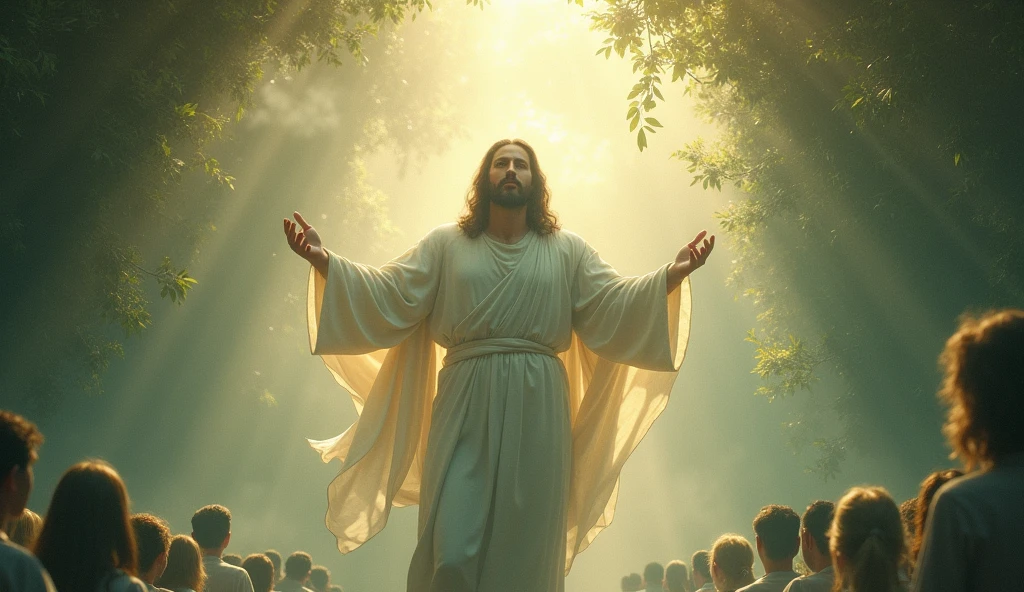 Christ as a conductor, leading a symphony of talents and opportunities, in an environment with concert foliage flying over the scene in a misty environment, create an impressive image that is so beautiful