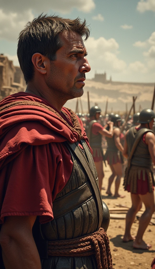 A close-up of Julius Caesar's determined face as he oversees the construction of the double fortifications at Alesia, with Roman soldiers working tirelessly in the background."