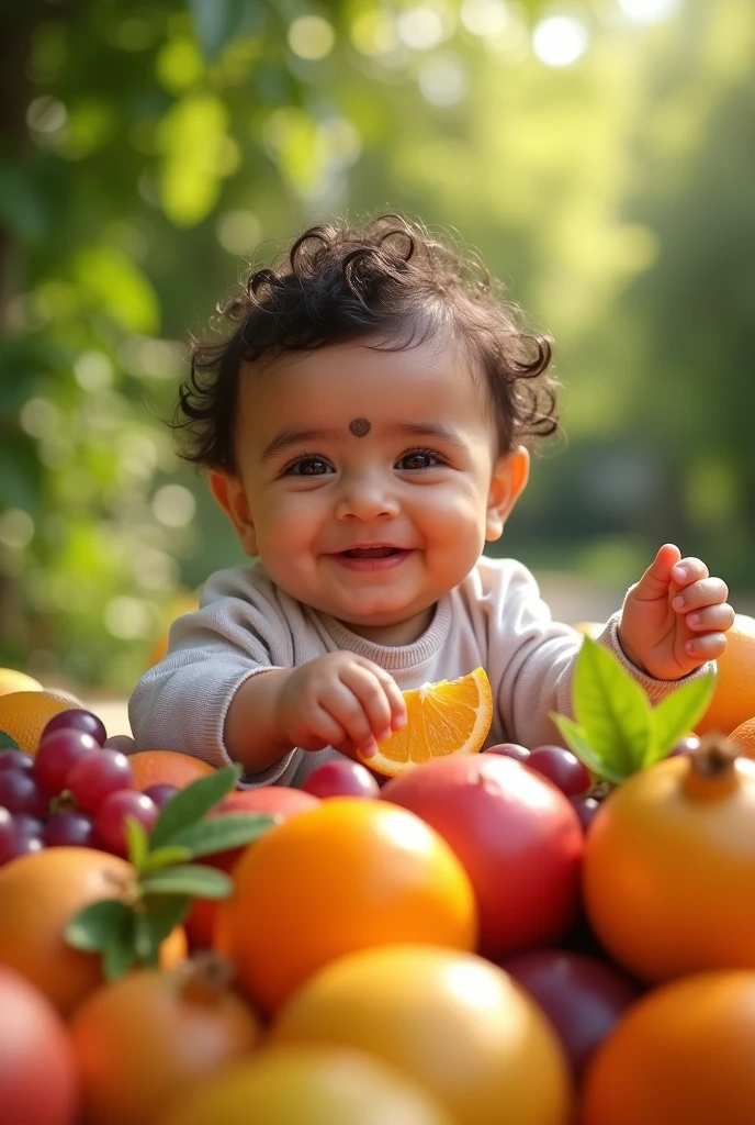 Create UHD photorealistic photo of a lively 14-month-old Arabic boy playing outside, surrounded by fresh fruit. Use a 24mm lens, capturing bright sunlight and vibrant colors. No animation, no 3D image, no extra fingers.