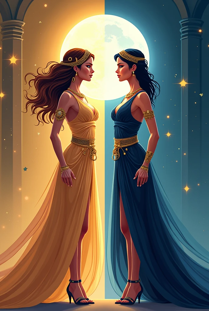 Flat vector of 2 sexy busty godsesses. They are facing away from each other as if they are angry . One is goddess of the day and is on the left side of the image. The other is goddess of the night and is on the right side of the image. They are both wearing elegant dress that represent their domains. the image is split in the middle. highly detailed