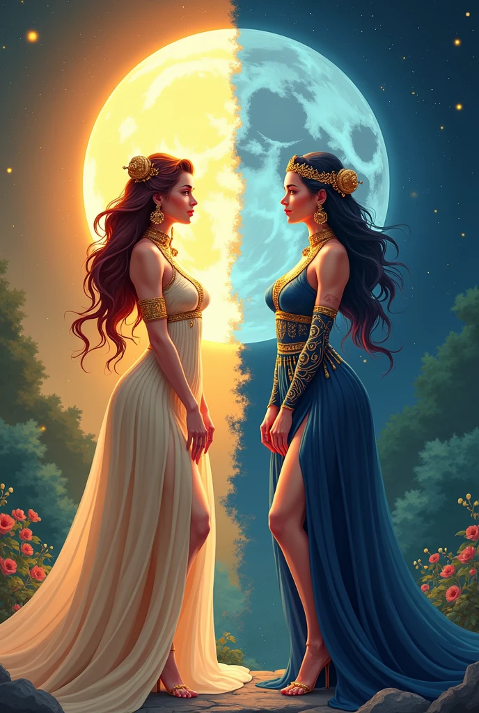 Flat vector of 2 sexy busty godsesses. They are facing away from each other as if they are angry . One is goddess of the day and is on the left side of the image. The other is goddess of the night and is on the right side of the image. They are both wearing elegant dress that represent their domains. the image is split in the middle. highly detailed