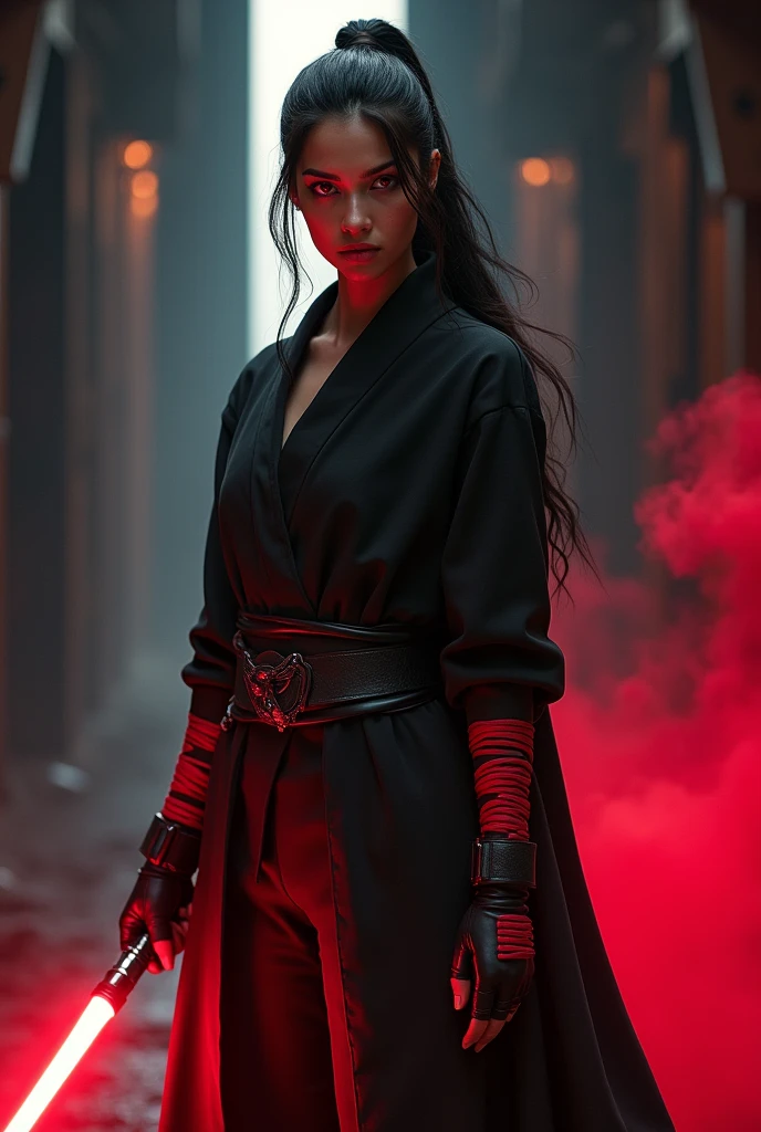 Beautiful, Mexican, female, young woman, long black hair tied into a tight ponytail, bright red eyes, wearing black Jedi robes, arms wrapped in red bandages, wearing black fingerless leather gloves, legs completely wrapped in red bandages, wearing black leather boots, red smoke emanating from her body, holding a lightsaber in one hand, standing in a hallway of a futuristic spaceship, very dark lit, viewed from the front