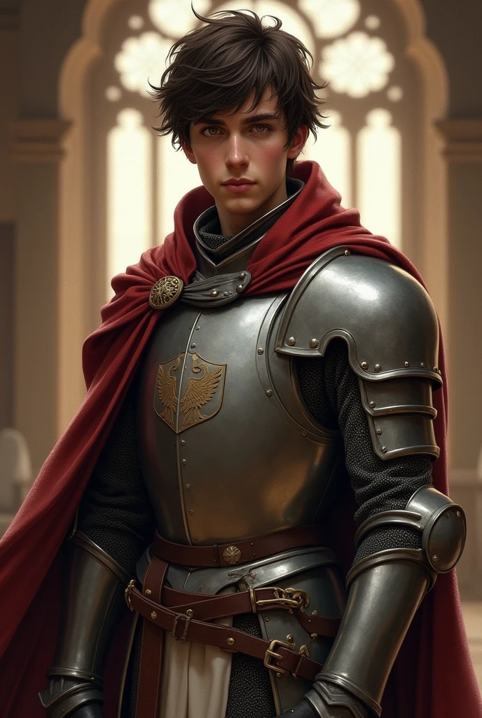 has short, tousled dark brown hair and warm, hazel eyes that convey both his inner turmoil and deep affection for those he cares about. He has a strong, athletic build, a result of his training as an honorable knight. His attire is practical yet refined, often consisting of well-fitted armor or simple, elegant clothing that reflects his noble heritage.
(20 yrs knight)