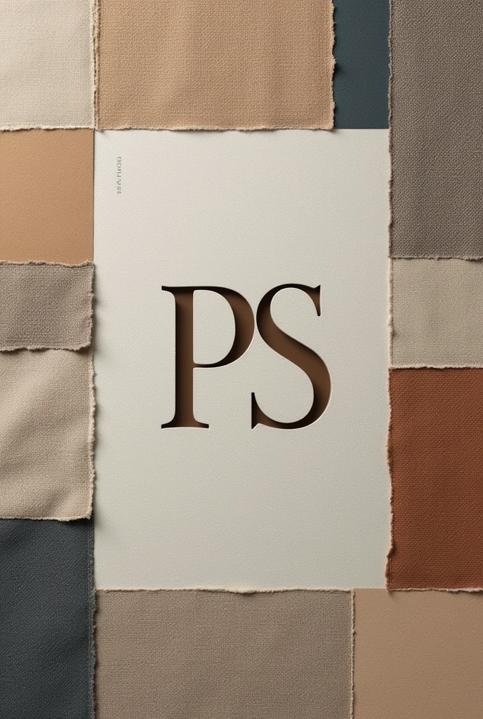 Minimalist PS clothing logo in relief on a fabric patchwork background