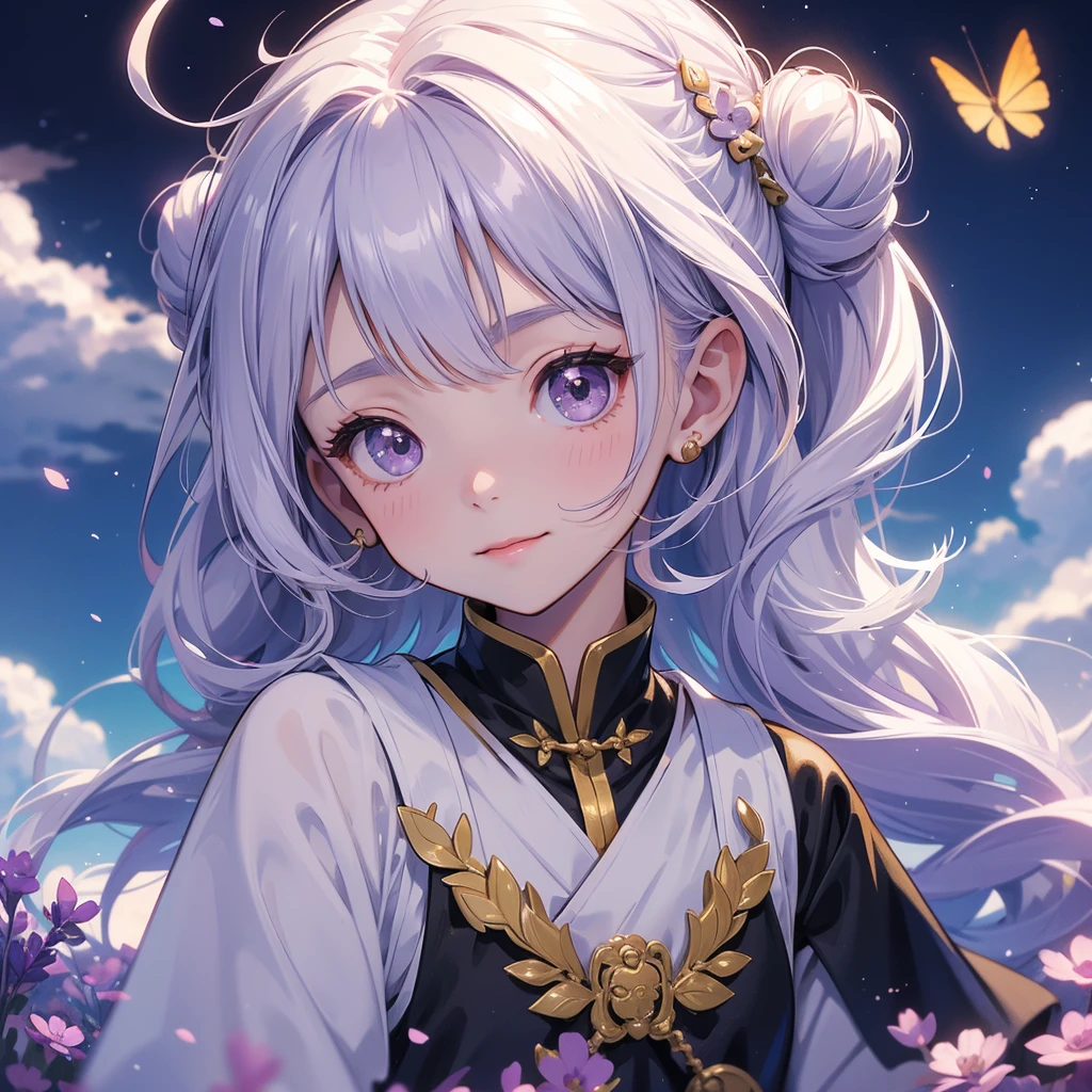A chibi child girl had a small face and Wearing white little Taoist priest's outfit. A pair of big round eyes shone with curiosity about him. This child was so cute! ,her hair is black with two buns on her hair.small chibi, chibi baby, smiling,The little chibi baby looked up with his chest raised, and his face was old and proud.
Stroll among the purple lavender fields , There are some floating clouds.