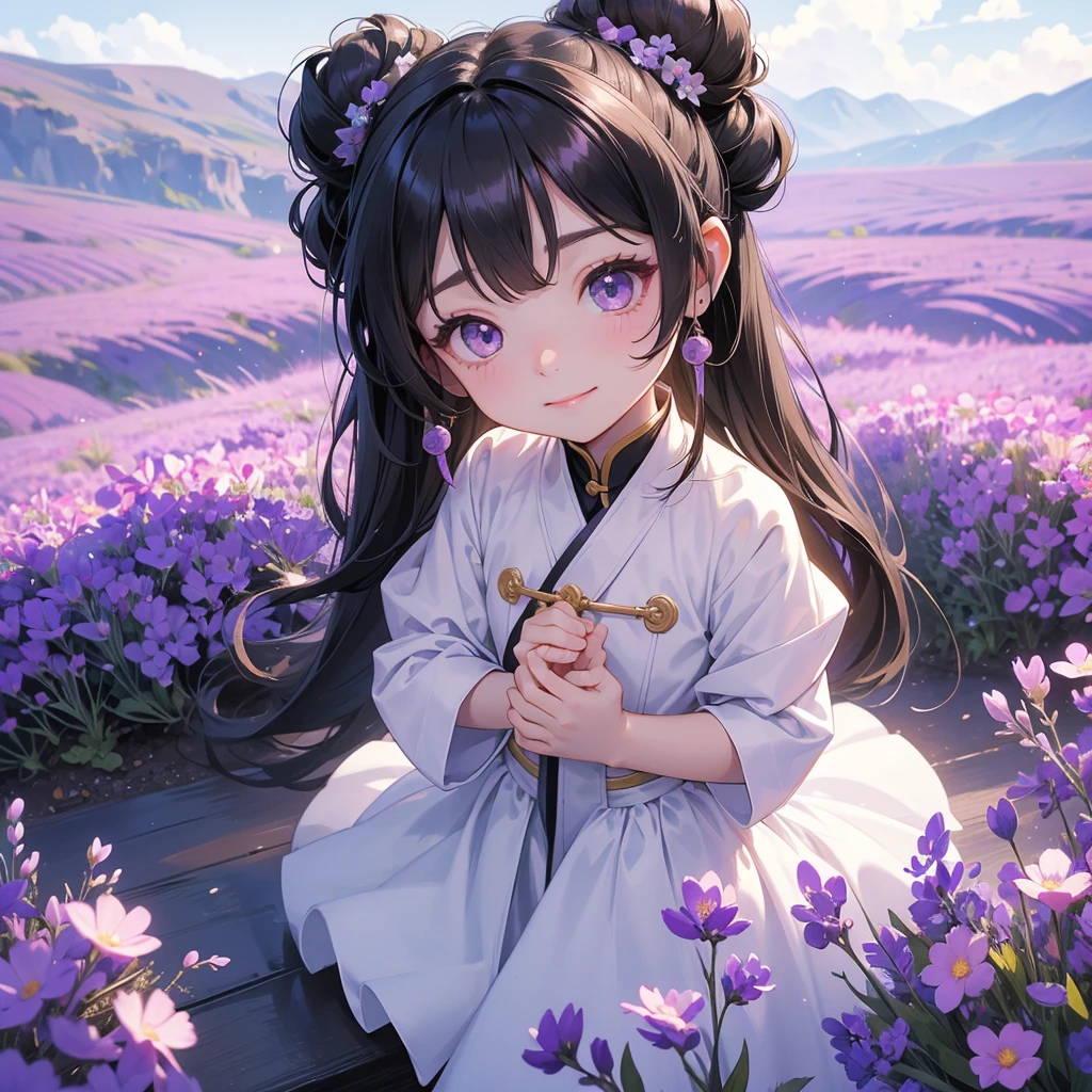A chibi child girl had a small face and Wearing white little Taoist priest's outfit. A pair of big round eyes shone with curiosity about him. This child was so cute! ,her hair is black with two buns on her hair.small chibi, chibi baby, smiling,The little chibi baby looked up with his chest raised, and his face was old and proud.

Stroll among the purple lavender fields , There are some floating clouds.


