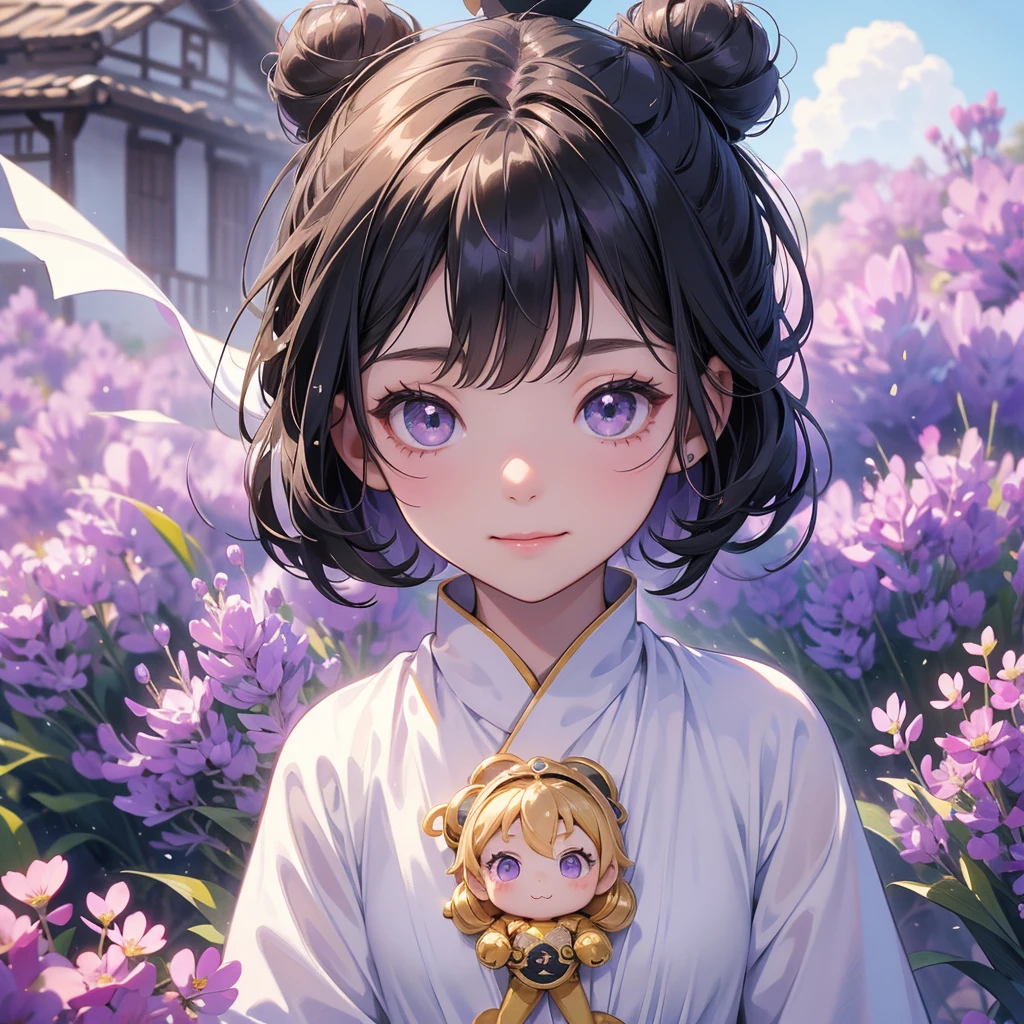 A chibi child girl had a small face and Wearing white little Taoist priest's outfit. A pair of big round eyes shone with curiosity about him. This child was so cute! ,her hair is black with two buns on her hair.small chibi, chibi baby, smiling,The little chibi baby looked up with his chest raised, and his face was old and proud.

Stroll among the purple lavender fields , There are some floating clouds.


