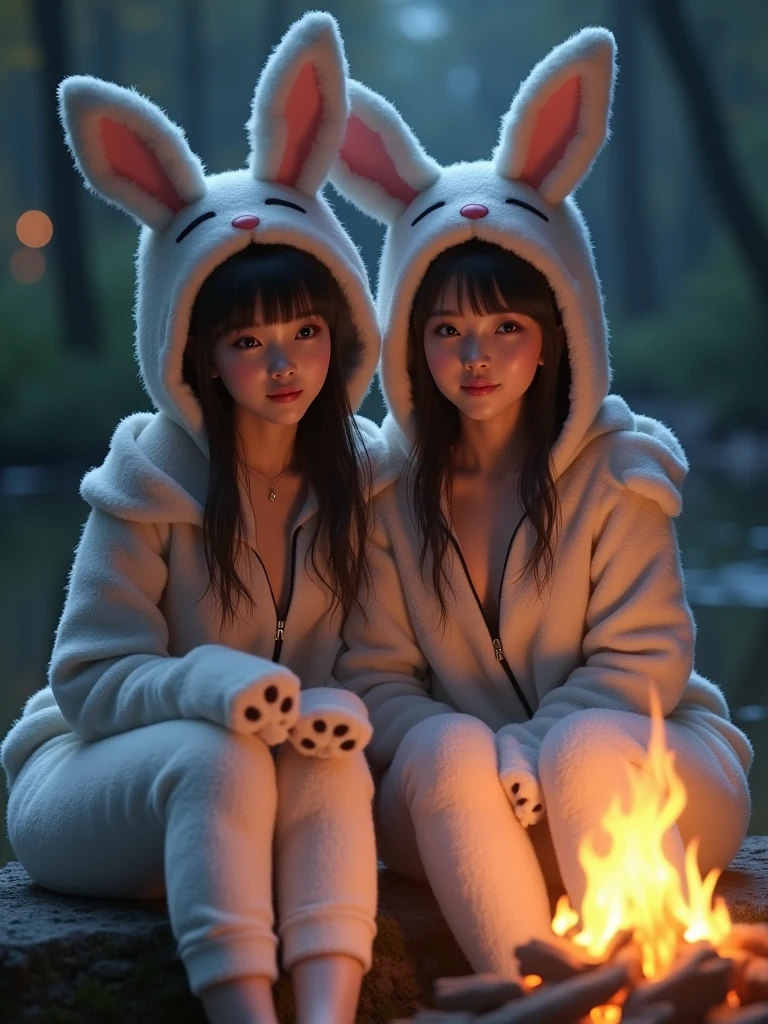 A group of beautiful 2 Asian women are wearing fleece bunny fursuit costumes in a forest at night, their zipper is half open across the chest. They are sitting together on the edge of a river looking at the horizon. next to them, there is a fire burning, illuminating their furry body